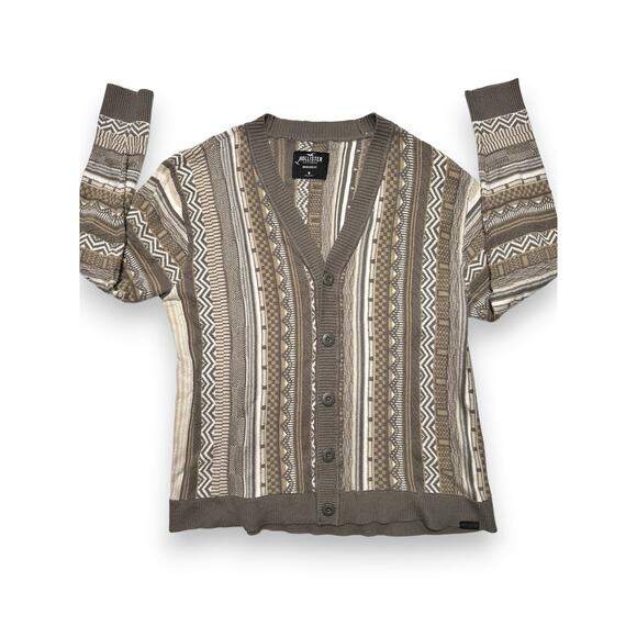 Hollister Oversized Geometric Striped Gray Knit Cardigan Size Medium - Picture 6 of 12